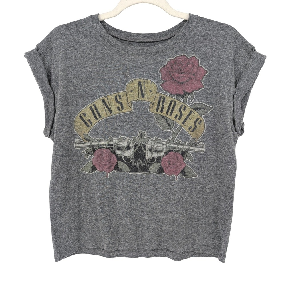Bravado Guns N Roses Graphic T-Shirt Women M Gray Cuffed Sleeve Cropped Retro